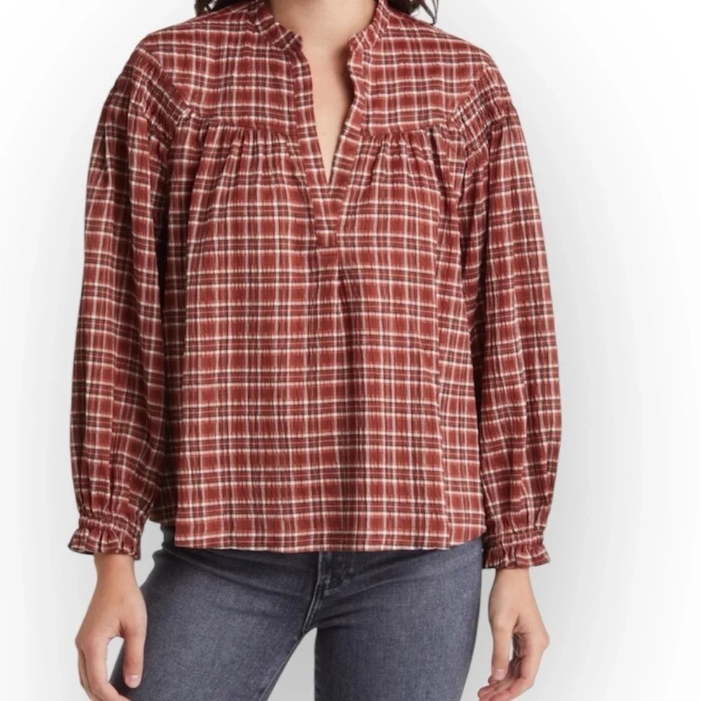 Treasure & bond brown white plaid Smocked shoulder V-neck pop over blouse Size S